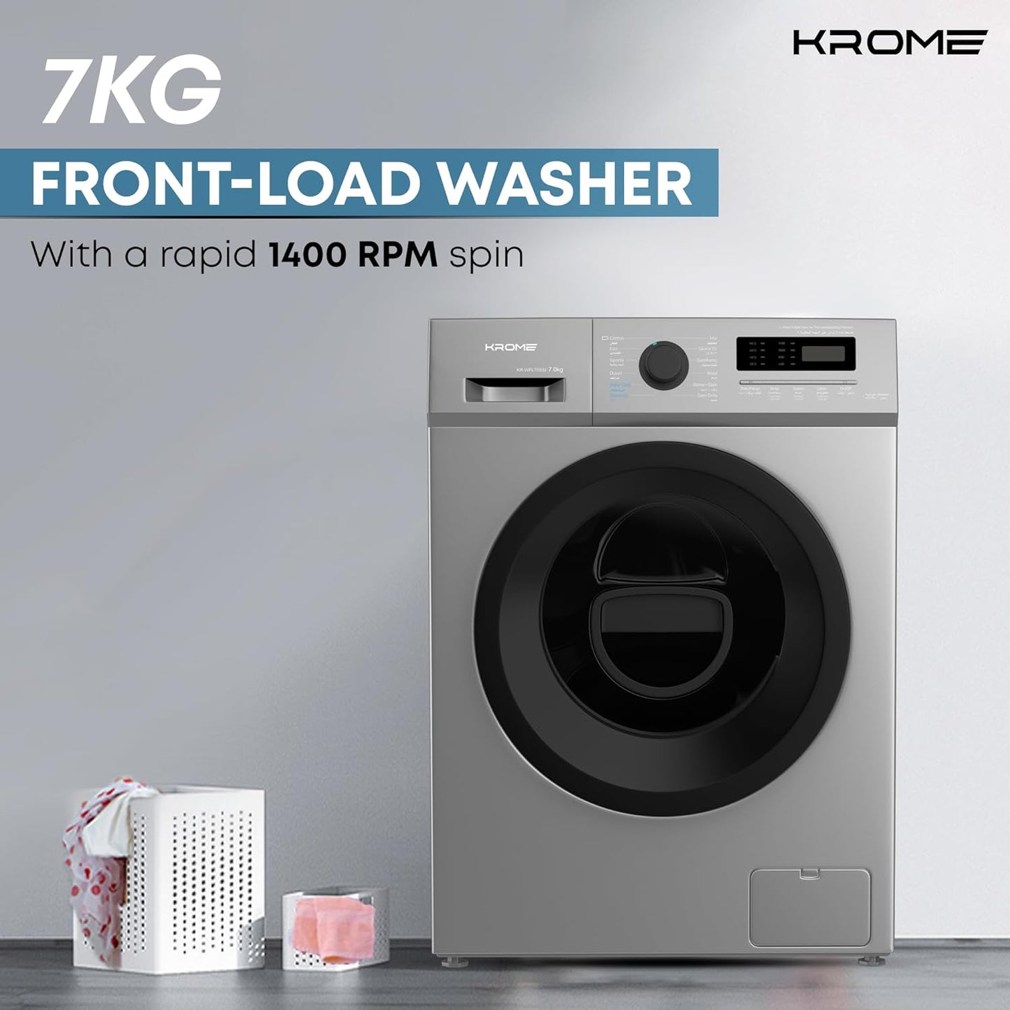 KROME 7Kg 1400 RPM Front Loading Washing Machine, LED Display with BLDC Inverter Motor, 12 Wash Programs, 4 Star Energy Efficient with Variable Temperature Setting, White - KR-WFL70SI