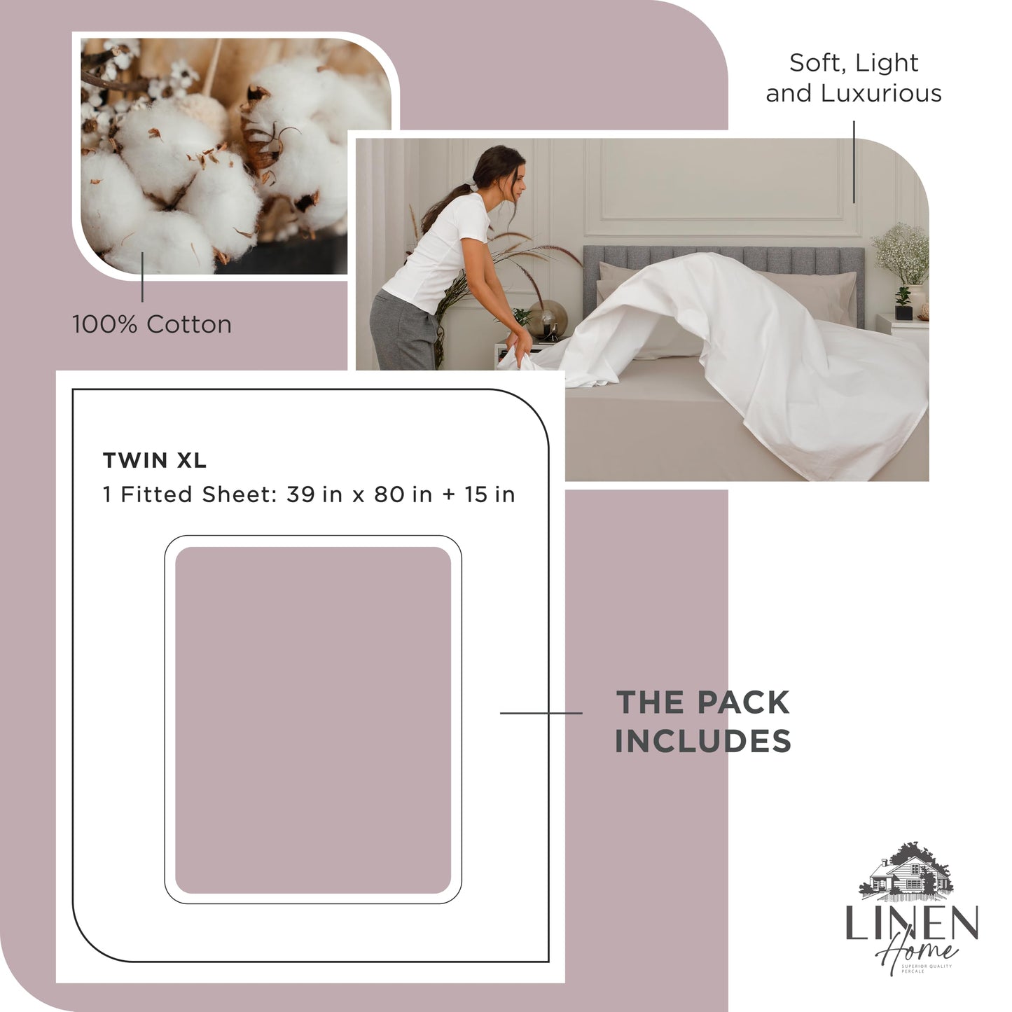 Linen Home 100% Cotton Percale Weave Fitted Sheet, Full Size, Charcoal, 1 Deep Pocket Fitted Sheet, Fits Mattress Upto 16" Crisp and Cool Strong Bed Linen, 54"X75"+15"