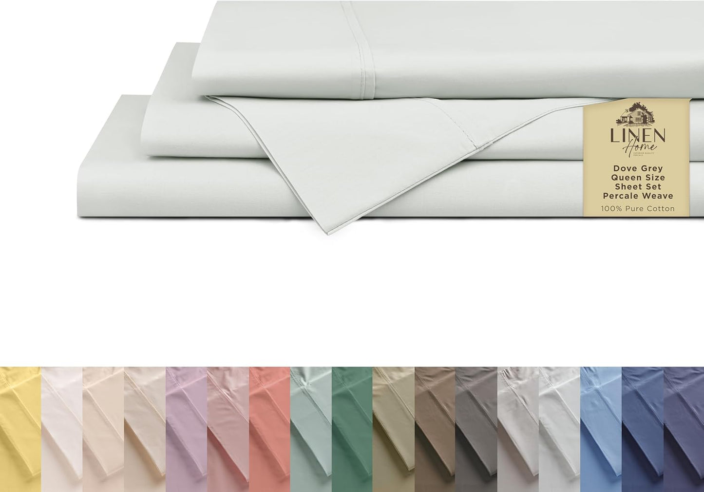 Linen Home 100% Cotton Percale Sheets Full Size, Dove Grey, Deep Pocket, 4 Pieces Set - 1 Flat, 1 Deep Pocket Fitted Sheet and 2 Pillowcases, Crisp Cool and Strong Bed Linen