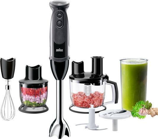 Braun Hand Blender MultiQuick 5 Vario, 1000 Watts, 1.5L Food Processor, 350 ml Chopper, Whisk, Beaker, Splash Control, PowerBell Plus technology, 21 speed wheel - MQ 5285