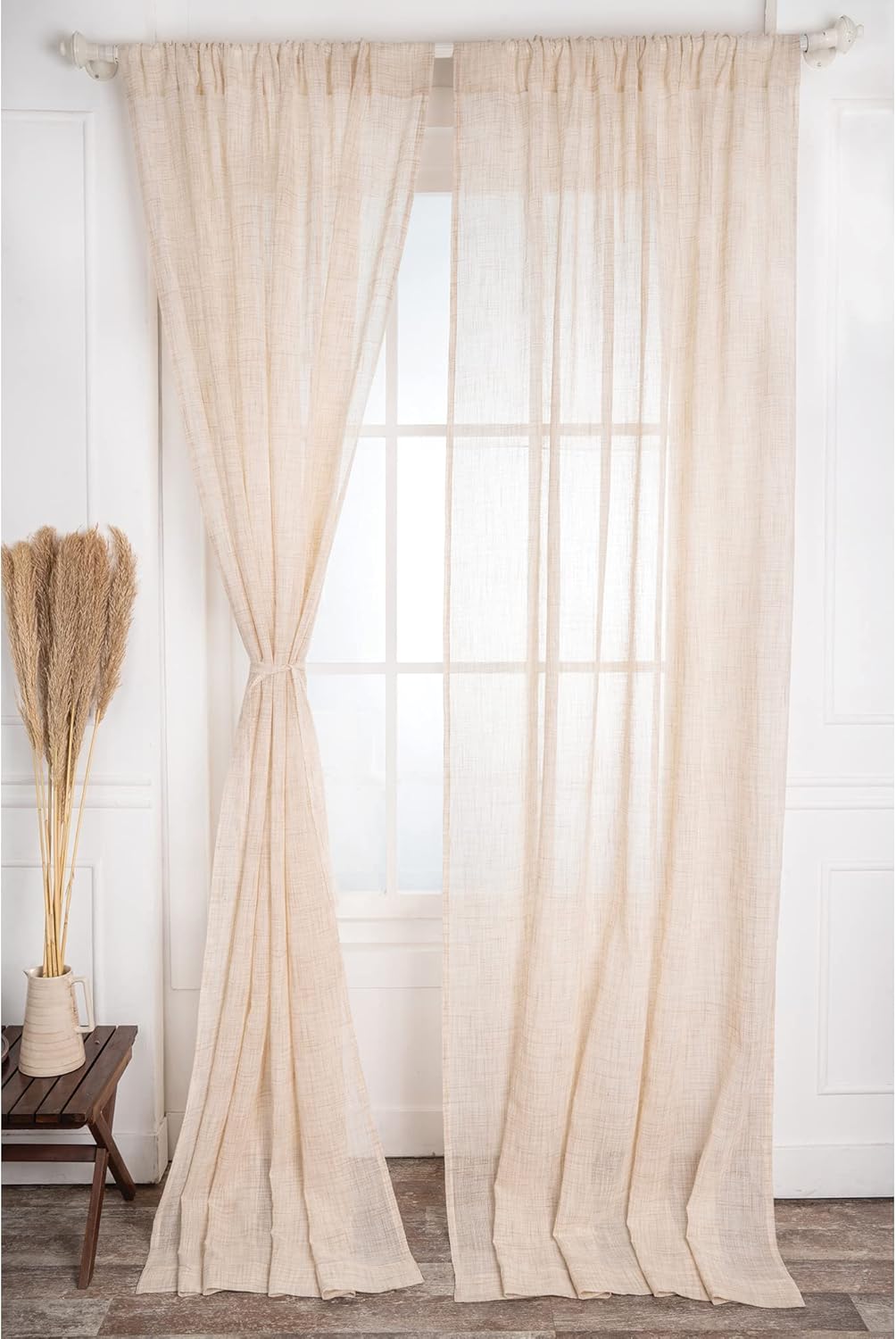 D'Moksha Homes White and Grey Faux Linen Curtains 63 Inches Long - 52 x 63 Inch 2 Panels Light Filtering Rod Pocket Sheer Curtains - Recycled Fabric Faux Jute - Window Treatment for Living Room