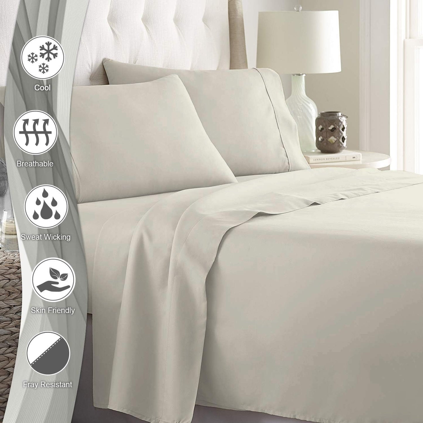 600 Thread Count Cotton Full Sheets Set Natural Grey, 100% Long Staple Cotton Smooth Sateen Bed Sheets with Stylish 4 inch Hem, fits Upto 15 Inch Deep Pocket (100% Cotton Natural Grey Full Sheet Sets)