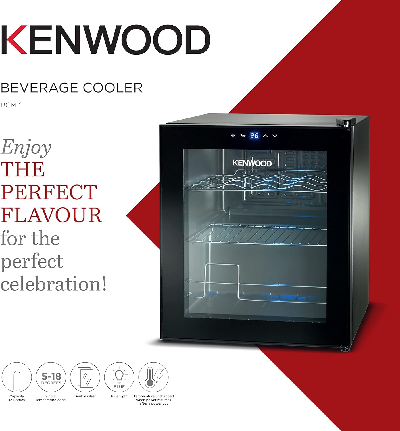 KENWOOD Beverage Cooler 12 Bottles Wine Cooler Refrigerator with Double Glass Door, Blue Light, Smart Temperature Control BCM12.000BK Black