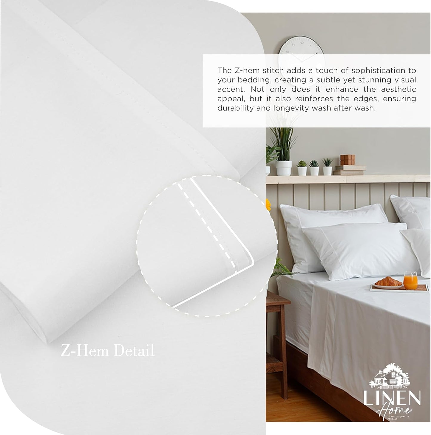 Linen Home 100% Cotton Percale Sheets King Size, Snow White, Deep Pocket, 4 Pieces Set - 1 Flat, 1 Deep Pocket Fitted Sheet and 2 Pillowcases, Crisp Cool and Strong Bed Linen