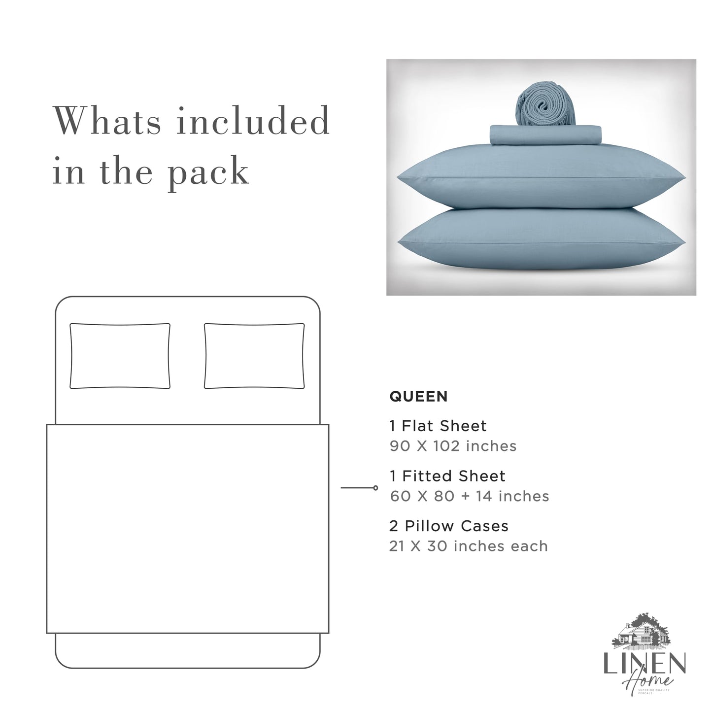 Linen Home Washed Cotton Percale Full Sheet Set, Baby Blue, Preshrunk, 4 Pieces Sets - 1 Flat, 1 Deep Pocket Fitted Sheet & 2 Envelope Closure Pillowcases, Soft, Cool and Comfortable Bed Linen