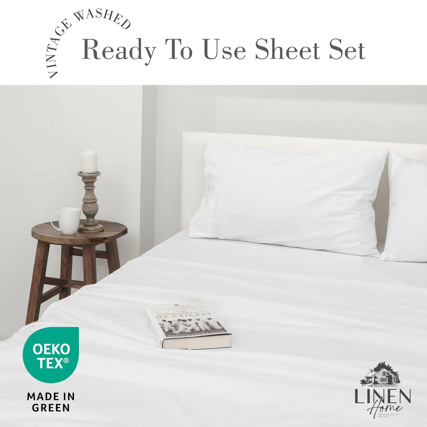 Linen Home Washed Cotton Percale Full Sheet Set, Sage, Preshrunk, 4 Pieces Sets - 1 Flat, 1 Deep Pocket Fitted Sheet & 2 Envelope Closure Pillowcases, Soft, Cool and Comfortable Bed Linen