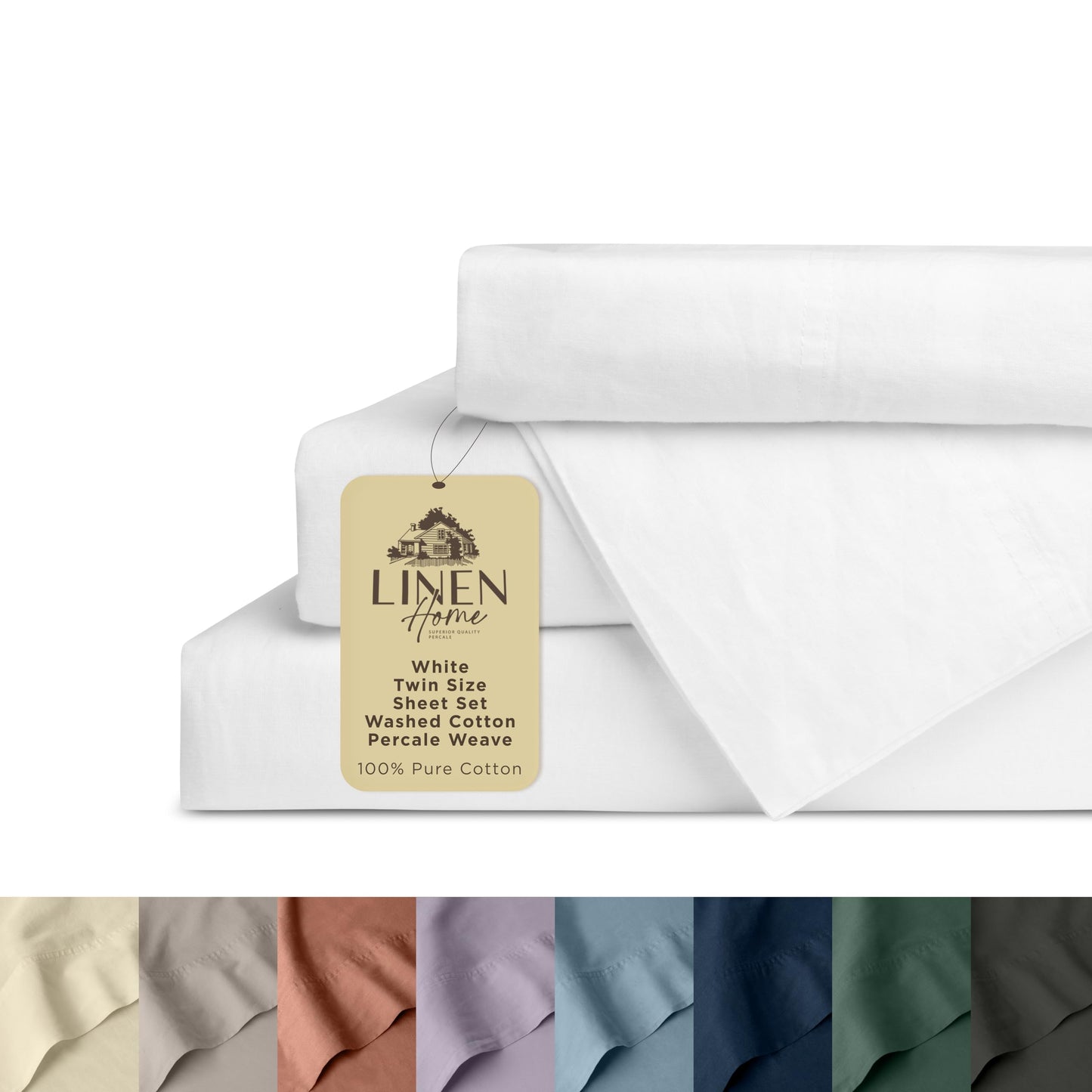 Linen Home Washed Cotton Percale Full Sheet Set, Sage, Preshrunk, 4 Pieces Sets - 1 Flat, 1 Deep Pocket Fitted Sheet & 2 Envelope Closure Pillowcases, Soft, Cool and Comfortable Bed Linen