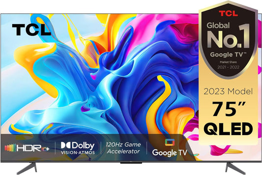 TCL 75 Inch TV 4K QLED Smart TV Dolby Vision Atmos HDR 10+ Game Master Wide Colour Gamut Quantum Dot Technology - 75C645 (2023 Model)