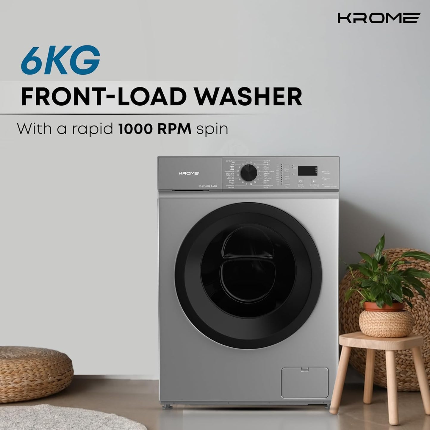 KROME 6Kg 1000 RPM Front Load Washing Machine, LED Display with Universal Motor, 5 Star Energy Efficient, 16 Wash Programs with Variable Temperature Setting,5 Year Motor Warranty White - KR-WFL60S