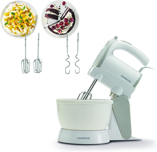 Kenwood Stand Mixer Hand (Electric Whisk) 300W With 2.4L Rotary Bowl, 5 Speeds + Turbo Button, Twin Stainless Steel Kneader And Beater For Mixing, Whipping, Whisking, Kneading Hmp22.000Wh White
