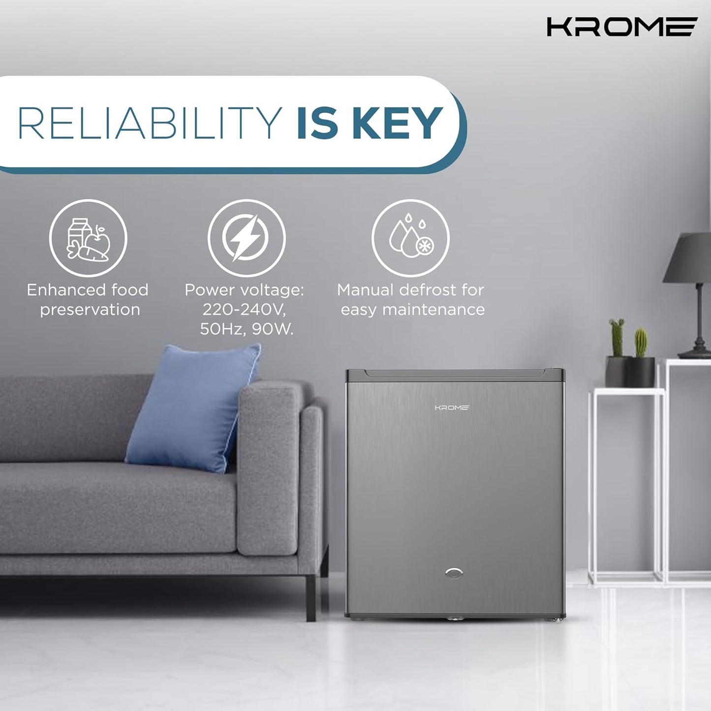 KROME 60L Gross, Single Door Compact Refrigerator, Energy Class A+, Reversible Door, Mini Fridge Suitable for Kitchen, Bedroom Office & Minibar, INOX Color, 5 Year Compressor Warranty- KR-RDC60H