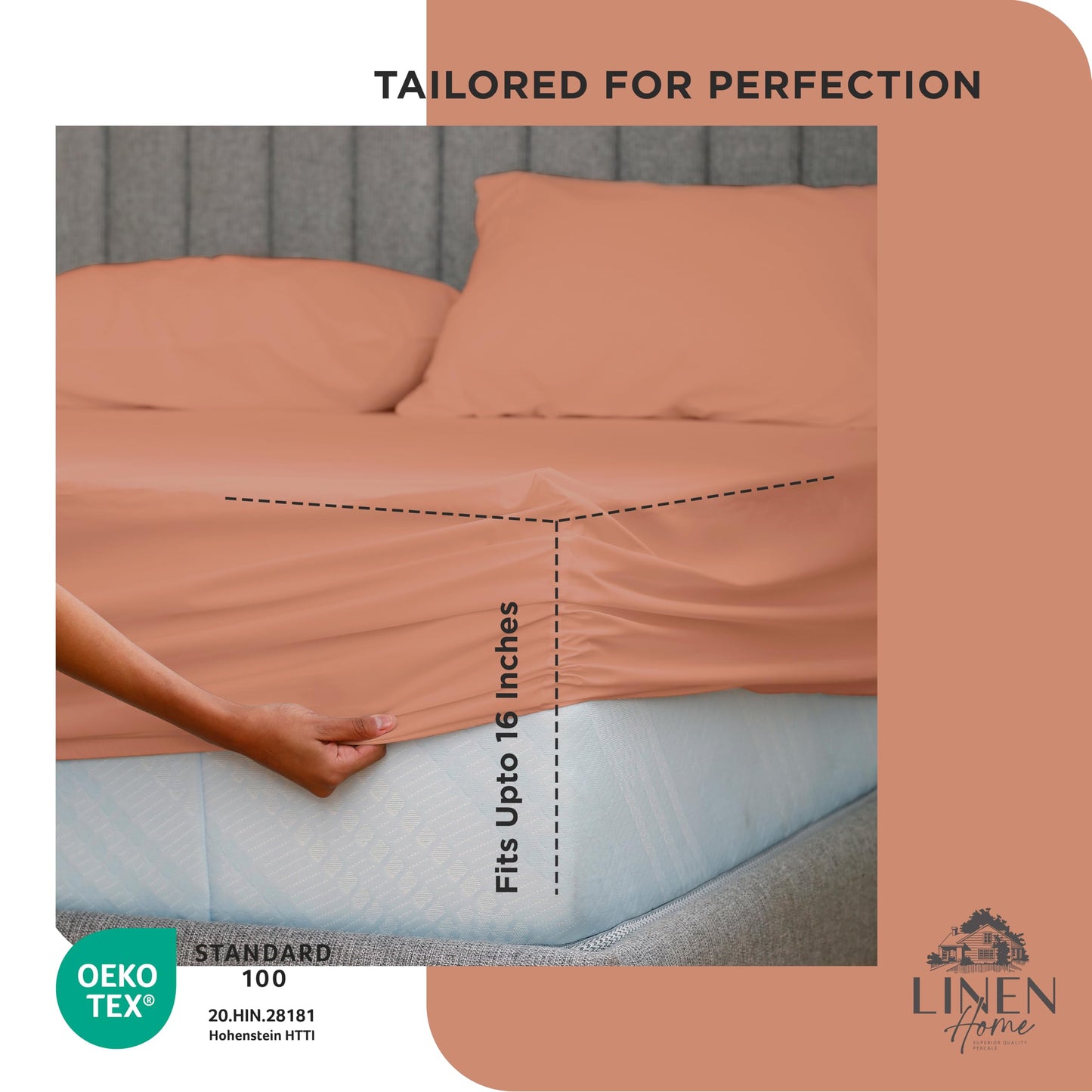 Linen Home 100% Cotton Percale Weave Fitted Sheet, Twin Size, Silver, 1 Deep Pocket Fitted Sheet, Fits Mattress Upto 16" Crisp and Cool Strong Bed Linen, 39"X75"+15"