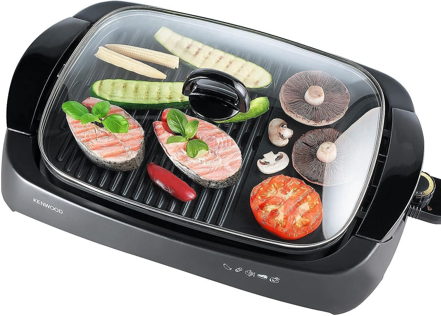 KENWOOD Grill 1700W Contact Health Large Family Sized Griddle with Glass Lid, Variable Temperature Control, Cool Touch Handles - Ideal for Steak, Chicken, Fish, Vegetables HG230 Black