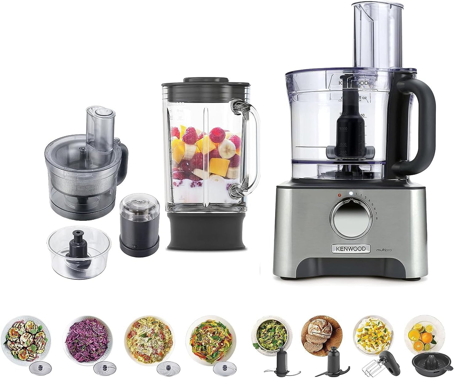 Kenwood Food Processor 1000W Multi-Functional With 3 Stainless Steel Disks, Glass Blender, Chopper Bowl, Grinder Mill, Juicer Extractror, Dual Metal Whisk, Dough Maker, Citrus Juicer Fdm788Ba Silver