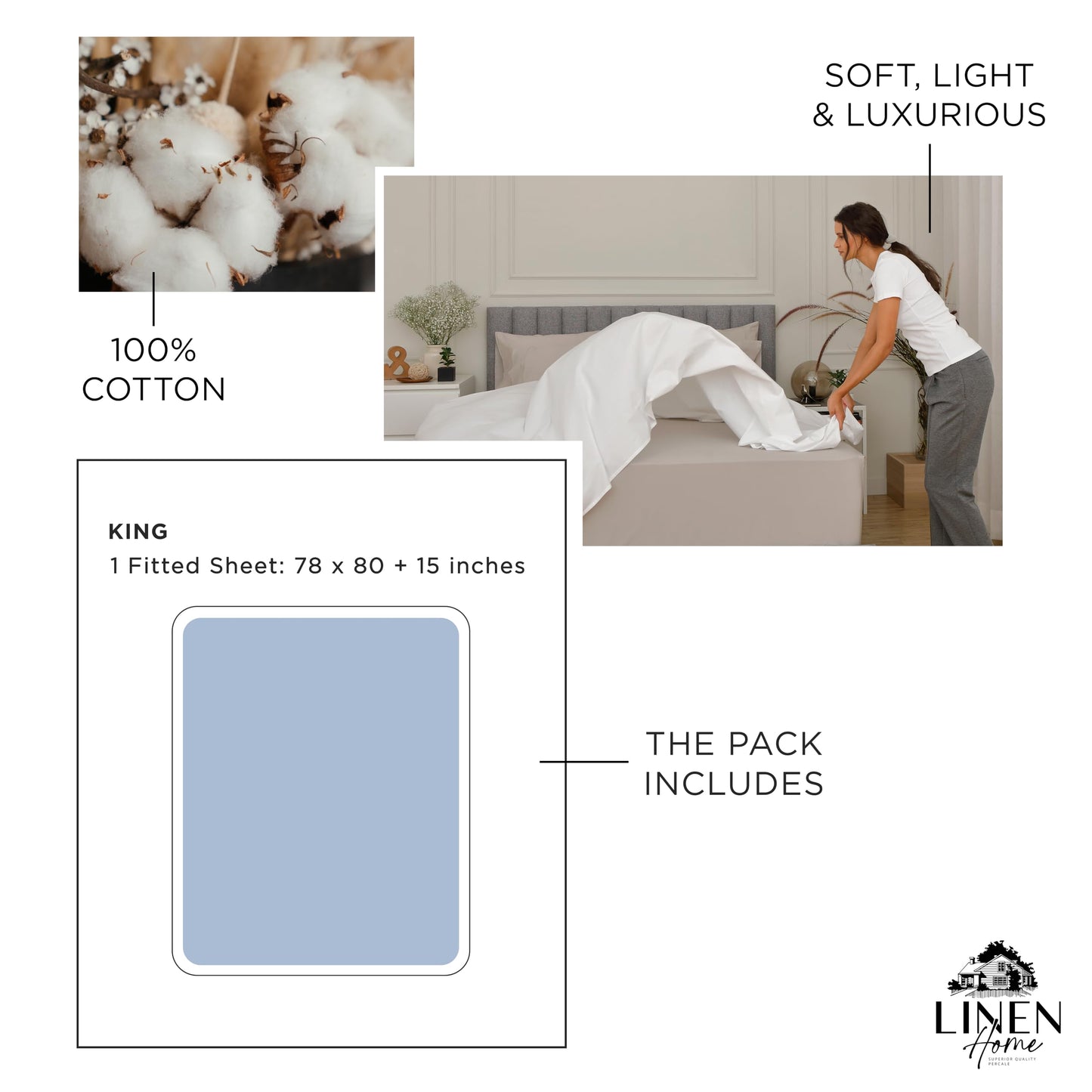 Linen Home 100% Cotton Percale Weave Fitted Sheet, Twin Size, Silver, 1 Deep Pocket Fitted Sheet, Fits Mattress Upto 16" Crisp and Cool Strong Bed Linen, 39"X75"+15"