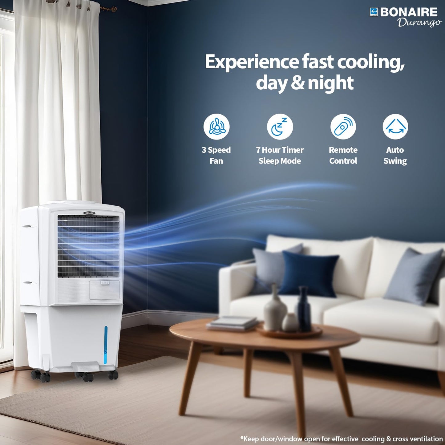 Bonaire Portable Air Conditioner 350 CFM Evaporative Air Cooler for Home Bedroom Office Indoor with Touch Control Panel and Remote, Closable Louvers, 3 Gallon, K350