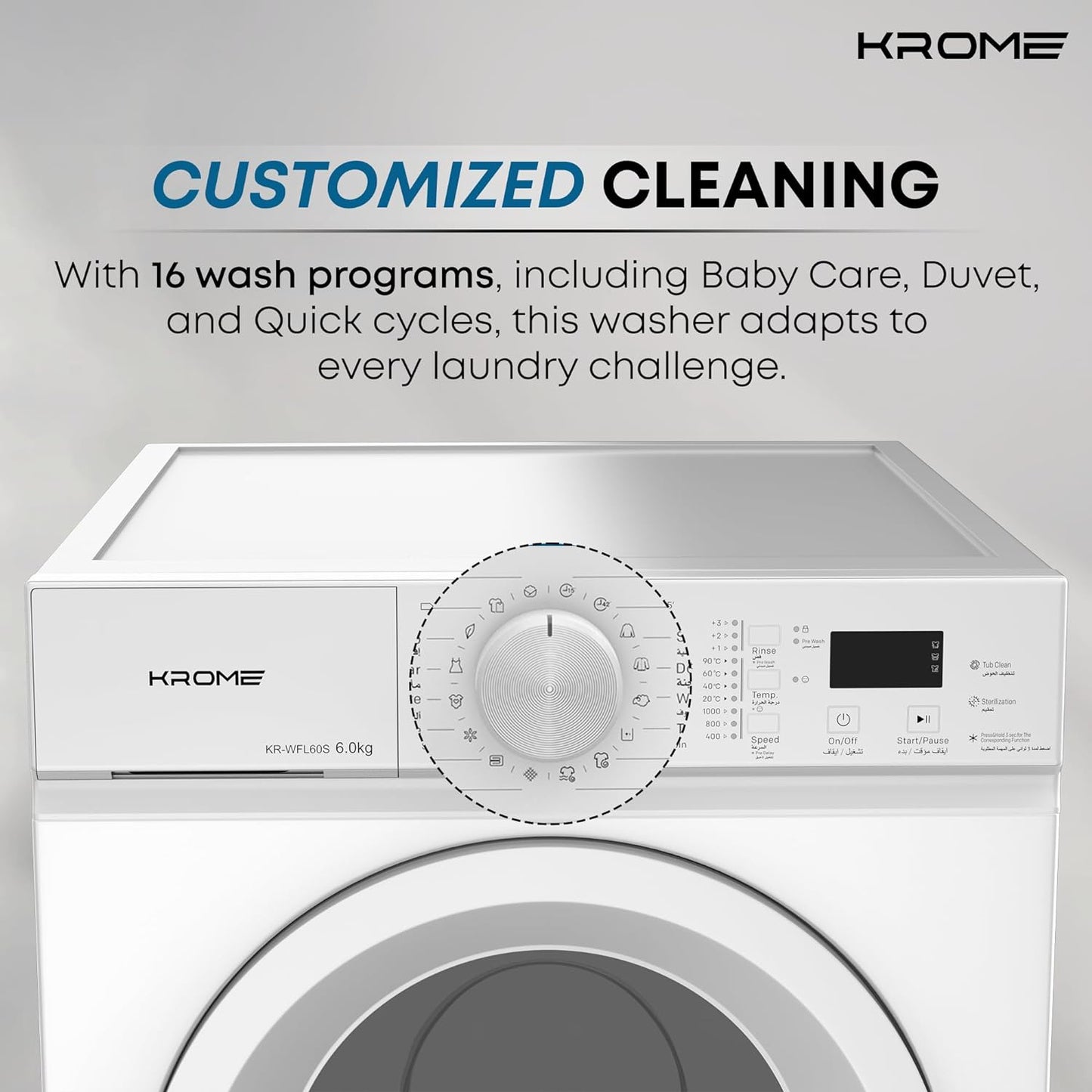 KROME 6Kg 1000 RPM Front Load Washing Machine, LED Display with Universal Motor, 5 Star Energy Efficient, 16 Wash Programs with Variable Temperature Setting,5 Year Motor Warranty White - KR-WFL60S