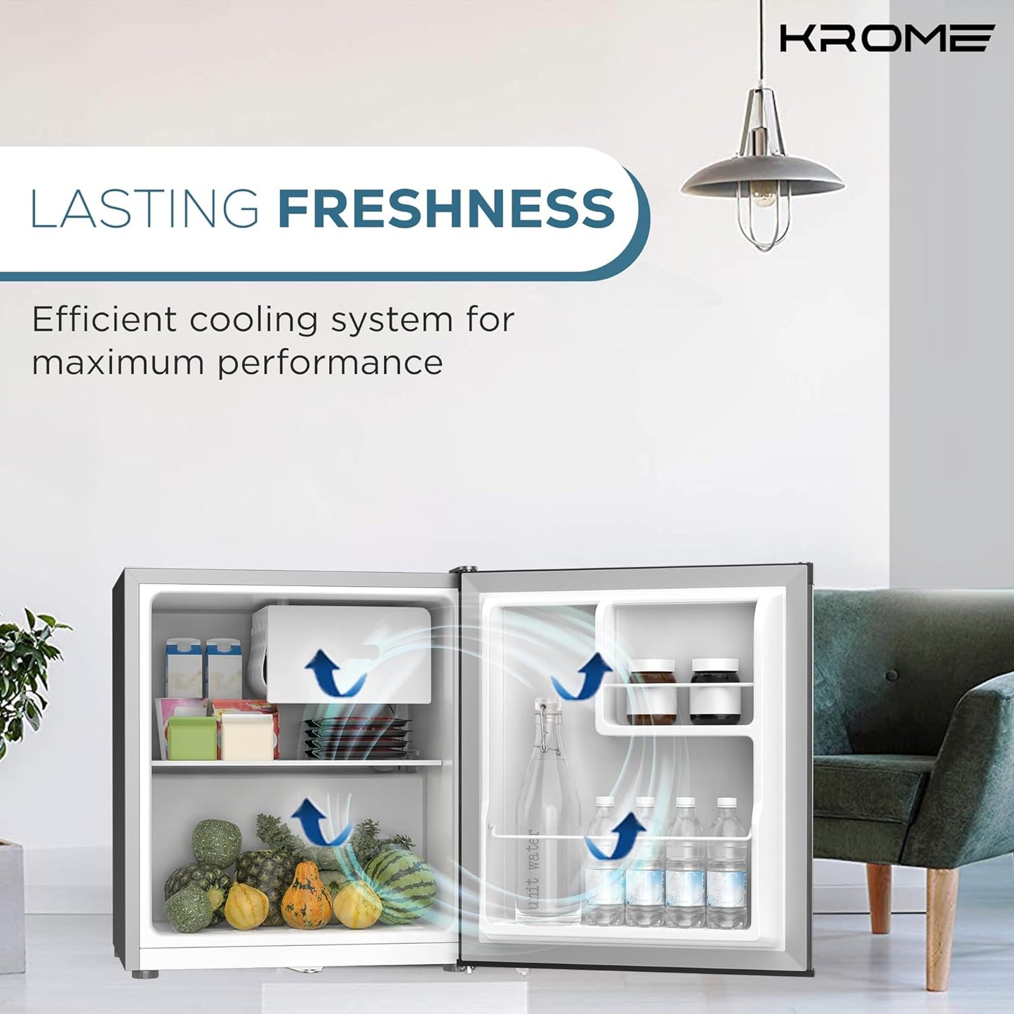 KROME 60L Gross, Single Door Compact Refrigerator, Energy Class A+, Reversible Door, Mini Fridge Suitable for Kitchen, Bedroom Office & Minibar, INOX Color, 5 Year Compressor Warranty- KR-RDC60H