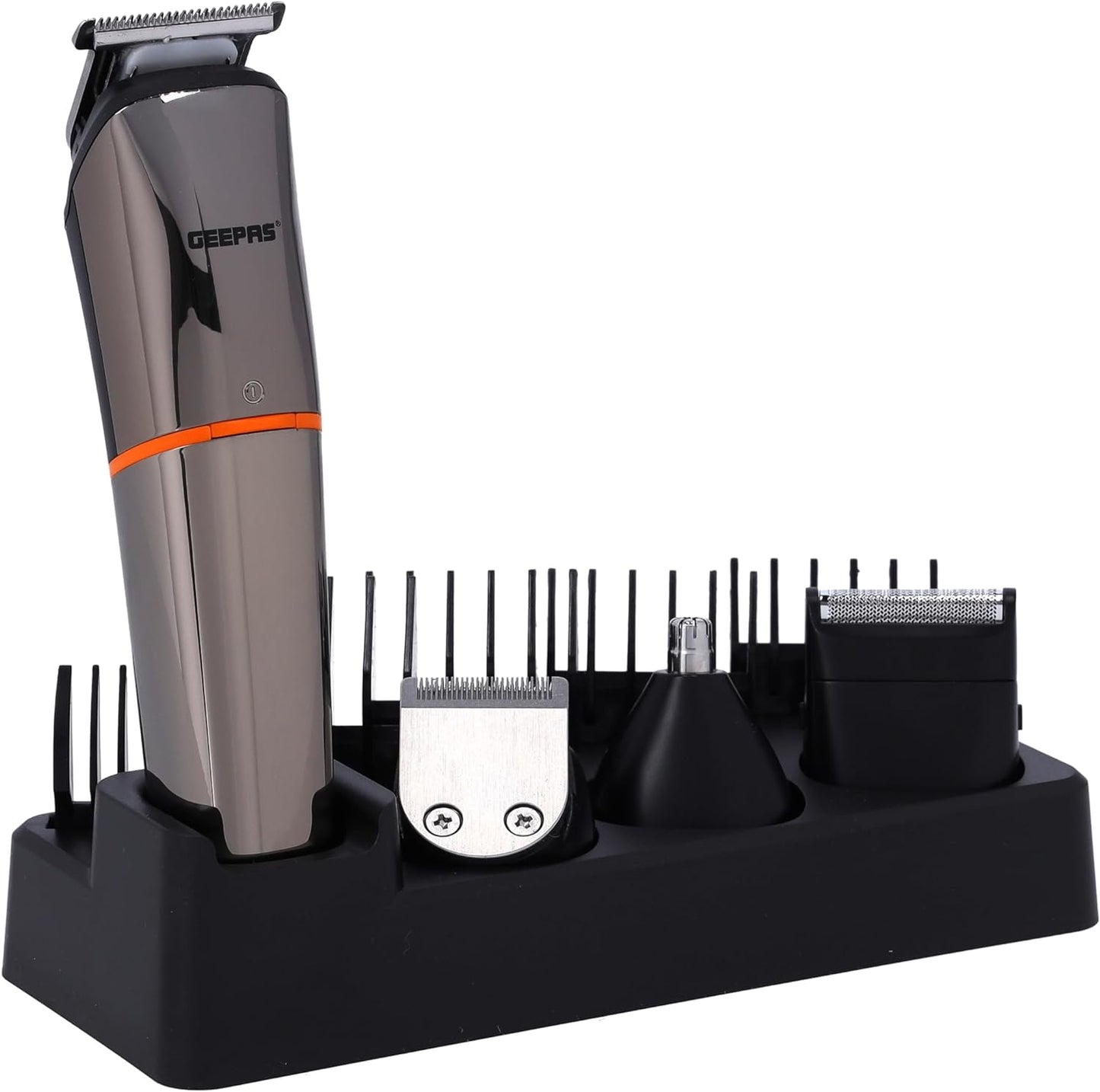 Geepas Geepas 9 In 1 Hair Trimmer 600Mah Battery Portable Cordless Hair Clippers, Grooming Kit With Stand, Digital Display Trimming Kit With 4 Interchangeable Heads For Styling Beard, Gray