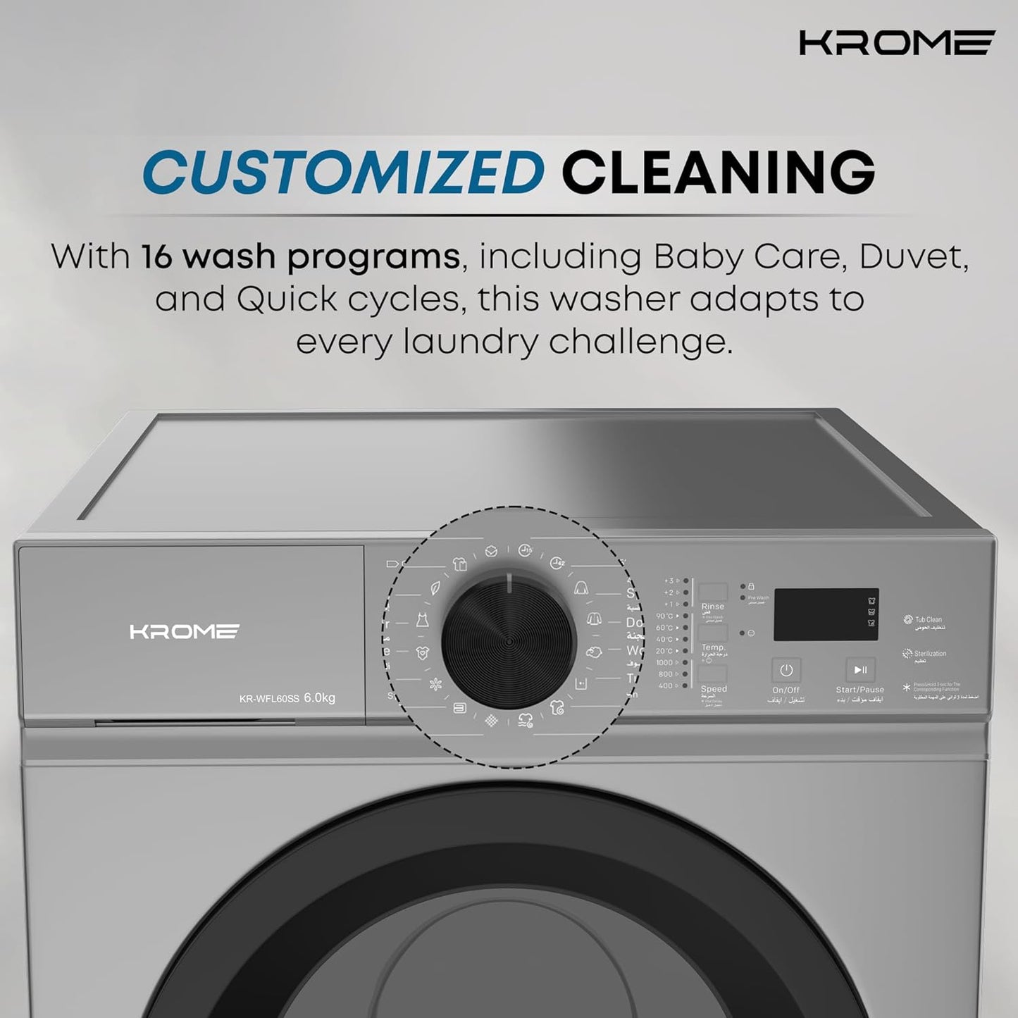 KROME 6Kg 1000 RPM Front Load Washing Machine, LED Display with Universal Motor, 5 Star Energy Efficient, 16 Wash Programs with Variable Temperature Setting,5 Year Motor Warranty White - KR-WFL60S