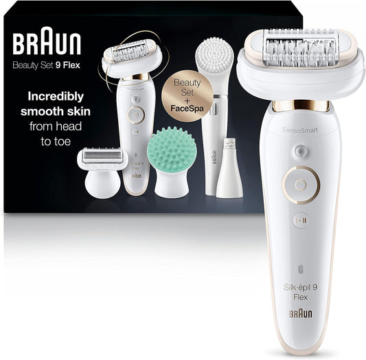 Braun Epilator Silk-épil 9 Flex 9-300 Beauty Set, Facial Hair Removal for Women, Shaver & Trimmer, Cordless, Rechargeable, Wet & Dry, FaceSpa