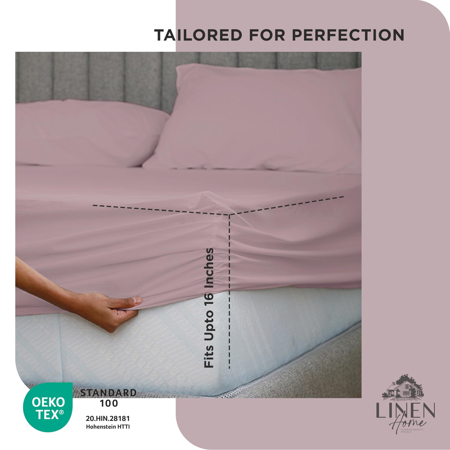 Linen Home 100% Cotton Percale Weave Fitted Sheet, Twin Size, Silver, 1 Deep Pocket Fitted Sheet, Fits Mattress Upto 16" Crisp and Cool Strong Bed Linen, 39"X75"+15"