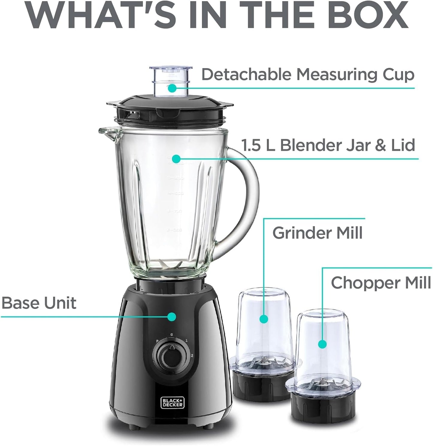 Black & Decker Blender with Grinder Mills, 400W Power, 1.5L with 300ml 2 Grinding Mills, Stainless Steel Blades and Two Pulse Control for Fine and Grinding of Coffee Herbs, 2 years warranty, BX440-B5