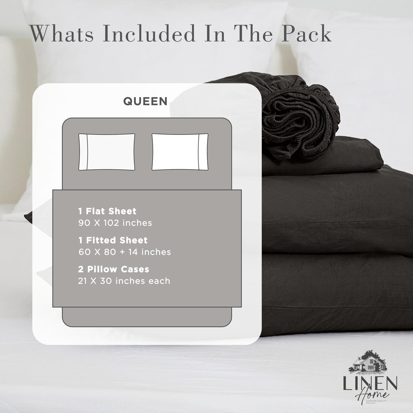 Linen Home Washed Cotton Percale Queen Sheet Set, Navy Blue, Preshrunk, 4 Pieces Sets - 1 Flat, 1 Deep Pocket Fitted Sheet & 2 Envelope Closure Pillowcases, Soft, Cool and Comfortable Bed Linen