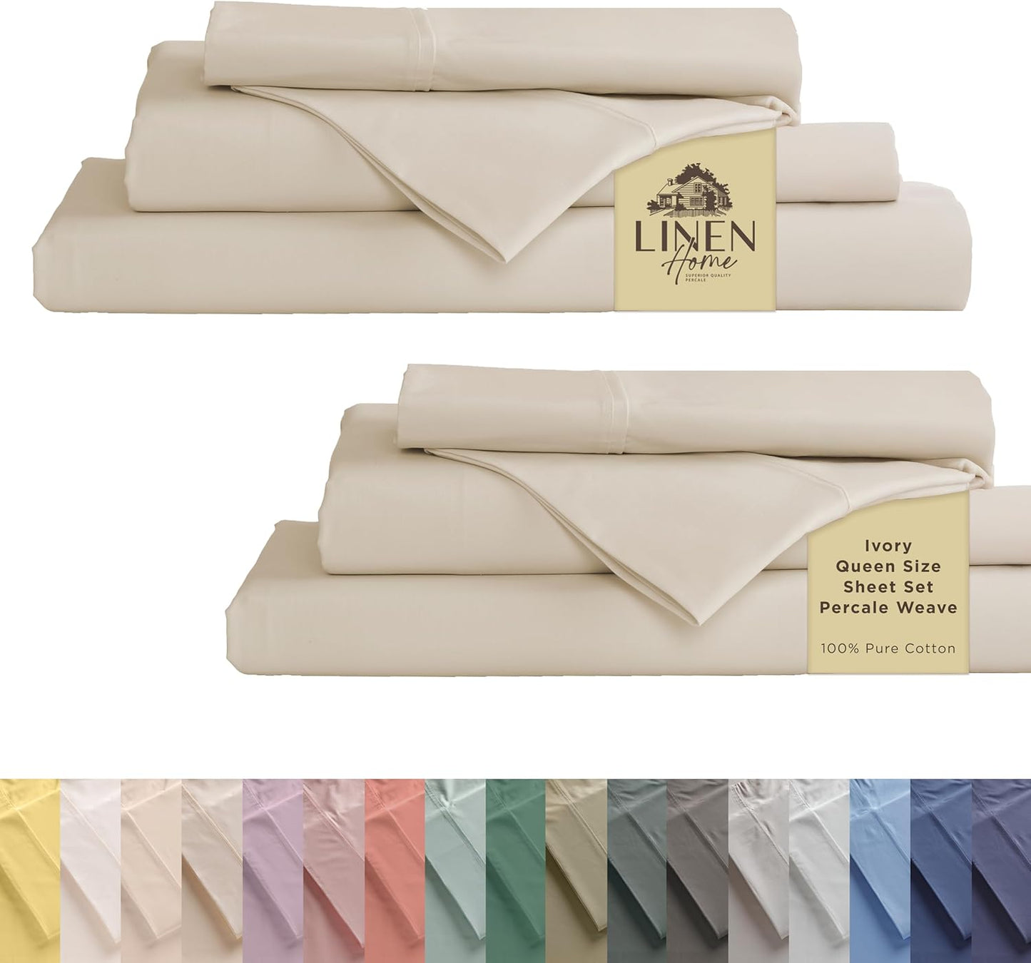 Linen Home 100% Cotton Percale Sheets Full Size, Dove Grey, Deep Pocket, 4 Pieces Set - 1 Flat, 1 Deep Pocket Fitted Sheet and 2 Pillowcases, Crisp Cool and Strong Bed Linen