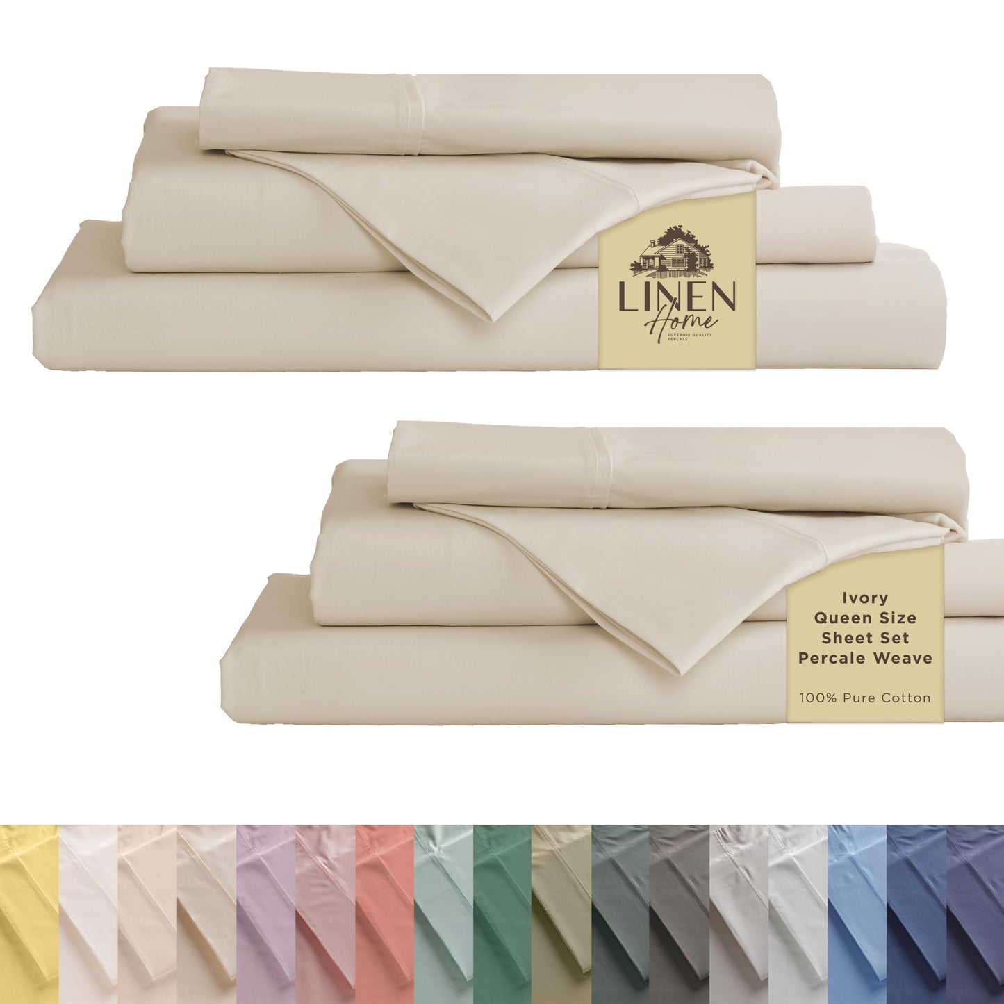 Linen Home 100% Cotton Percale Sheets Twin XL Size, Frosty Green, Deep Pocket, 3 Pieces Set - 1 Flat, 1 Deep Pocket Fitted Sheet and 1 Pillowcase, Crisp Cool and Strong Bed Linen