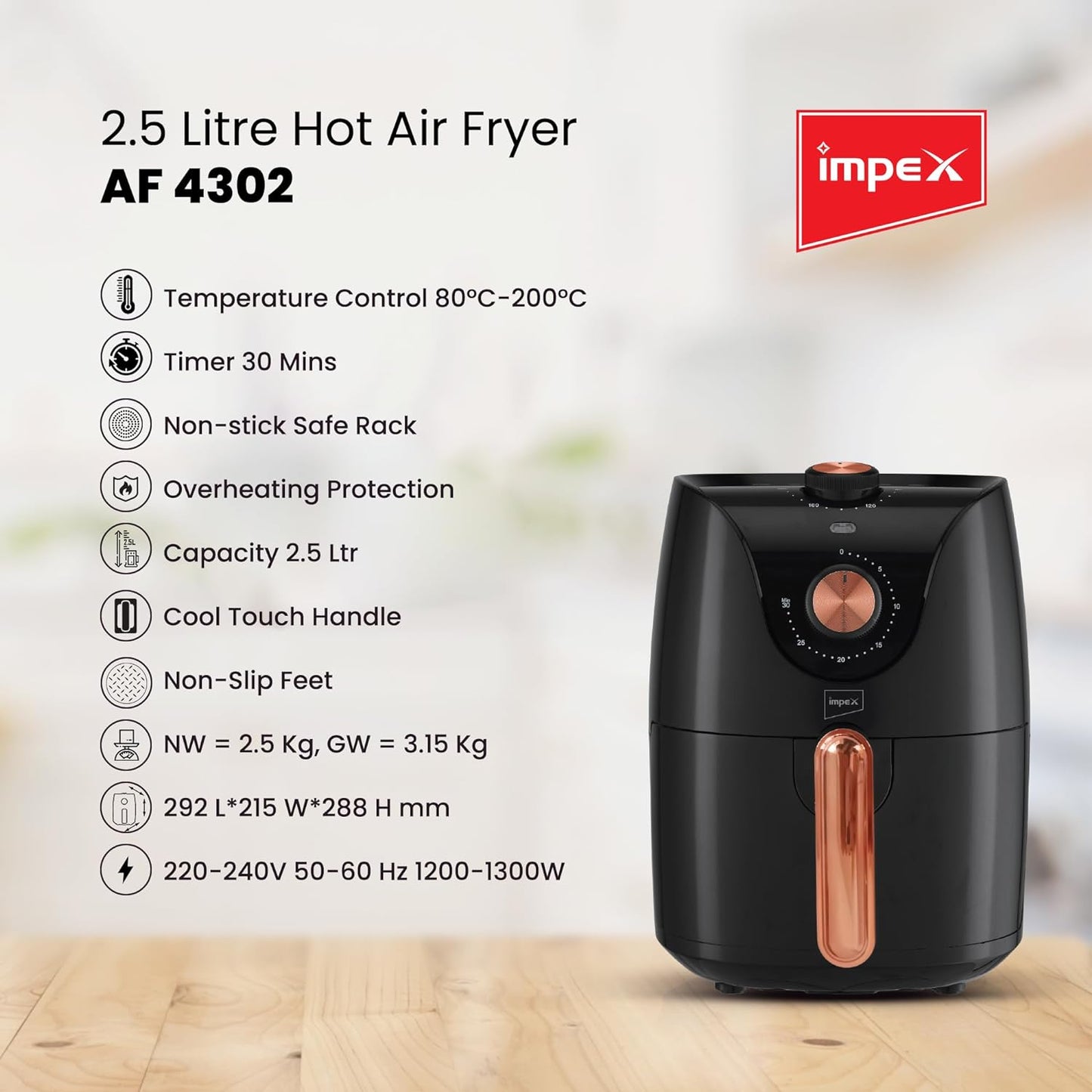 Impex 2.5 Ltr Air Fryer - Ideal for Meat, Fish, Vegetables, French Fries, Temperature Control 80°C-200°C, Timer 30 Mins with 2 Year Warranty-Black (AF 4302)