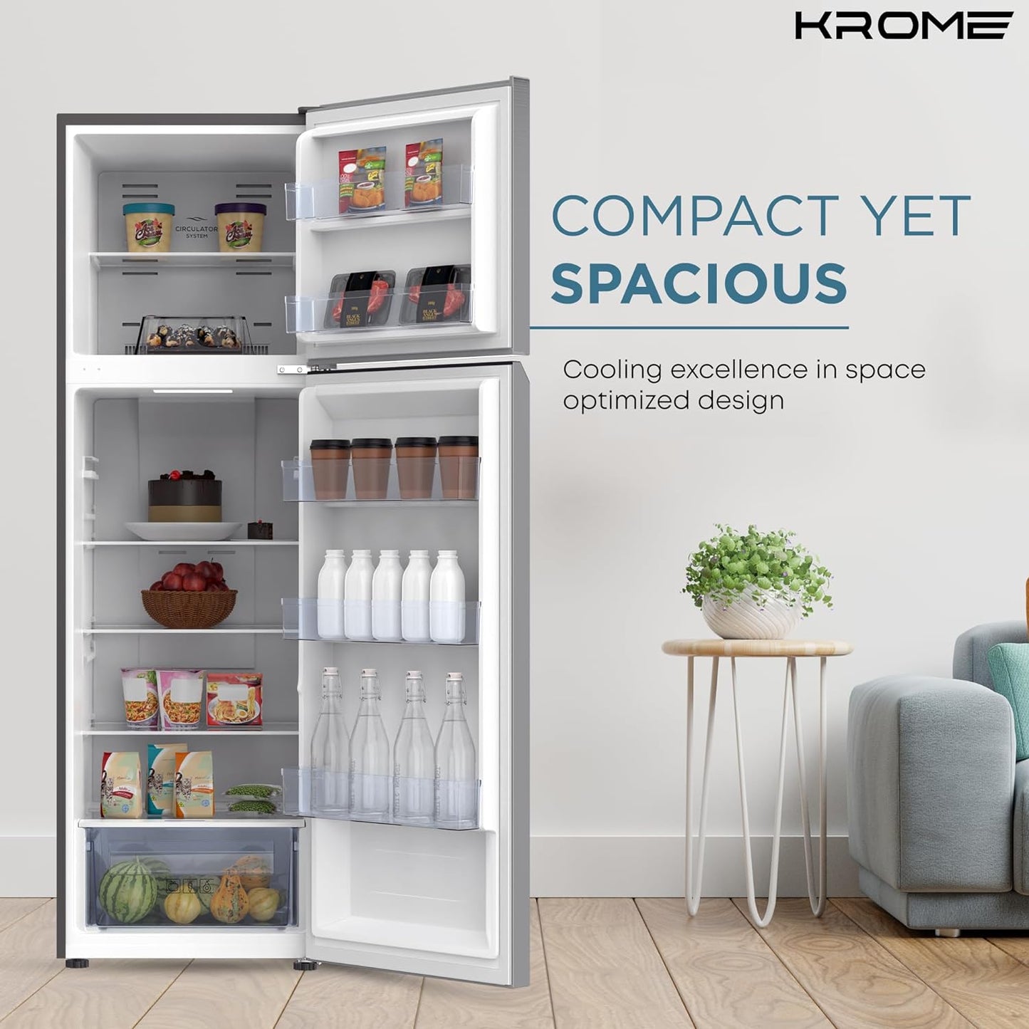KROME 370L Gross, Top Mount Double Door Refrigerator, Automatic Defrost Freezer, A+ Energy Efficiency, Big Capacity Fridge, Quick Cooling, Silver, 10 Year Compressor Warranty, KR-REF370T