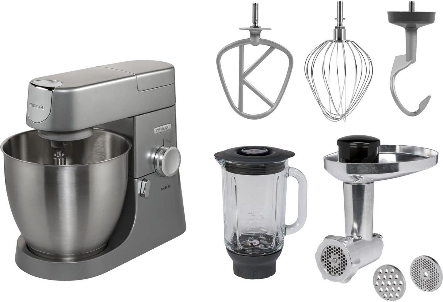 KENWOOD Stand Mixer Kitchen Machine Metal Body CHEF XL 1200W with 6.7L Stainless Steel Bowl, K-Beater, Whisk, Dough Hook, Blender KVL4110S Silver