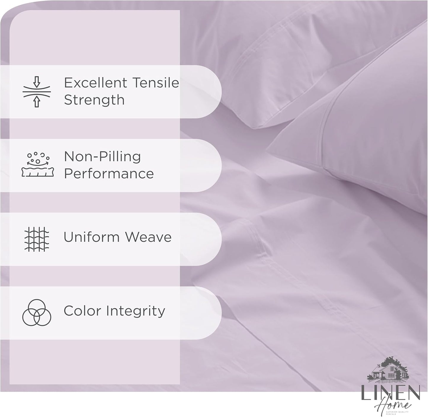 Linen Home 100% Cotton Percale Sheets Queen Size, Iris Lilac, Deep Pocket, 4 Pieces Set - 1 Flat, 1 Deep Pocket Fitted Sheet and 2 Pillowcases, Crisp Cool and Strong Bed Linen