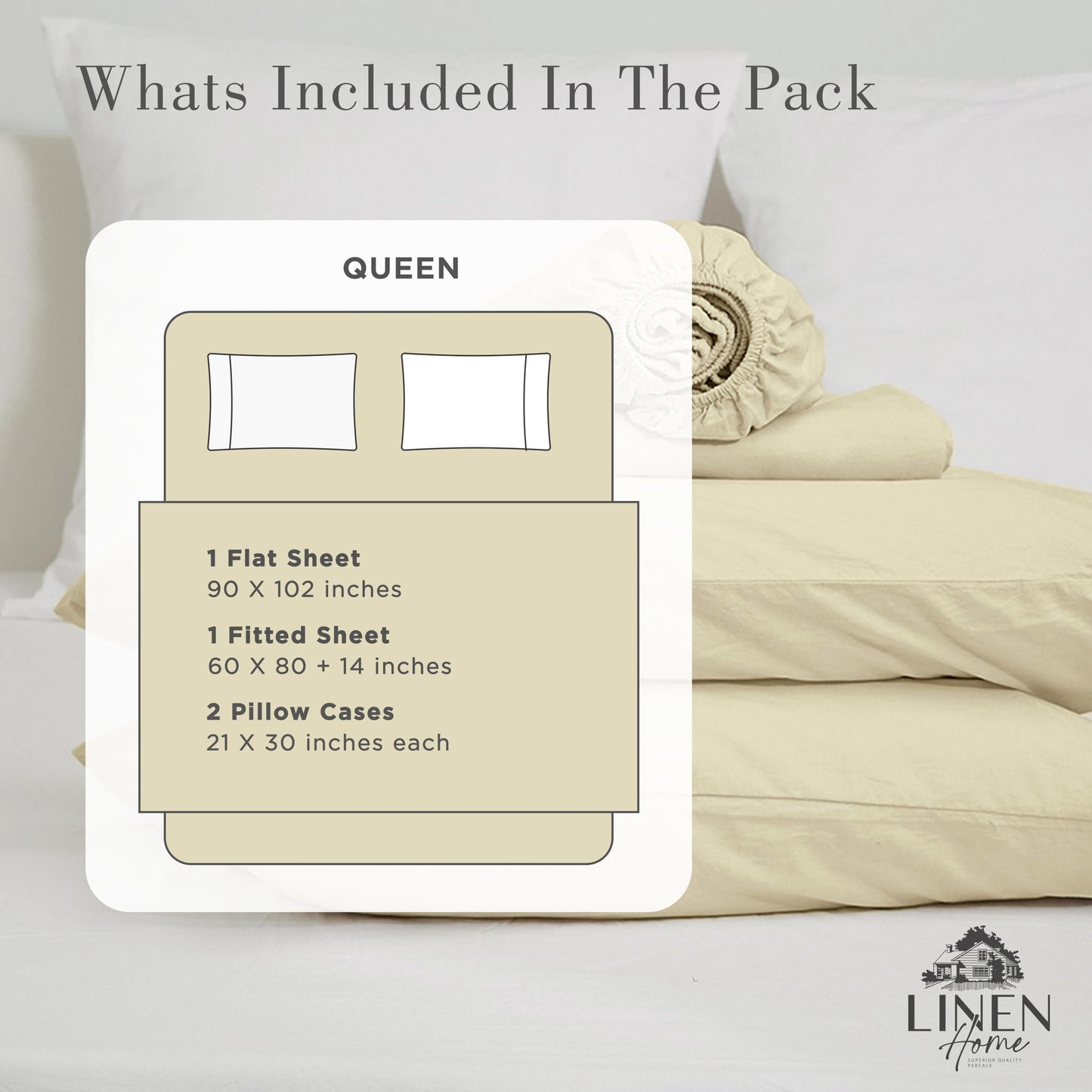 Linen Home Washed Cotton Percale Queen Sheet Set, Navy Blue, Preshrunk, 4 Pieces Sets - 1 Flat, 1 Deep Pocket Fitted Sheet & 2 Envelope Closure Pillowcases, Soft, Cool and Comfortable Bed Linen