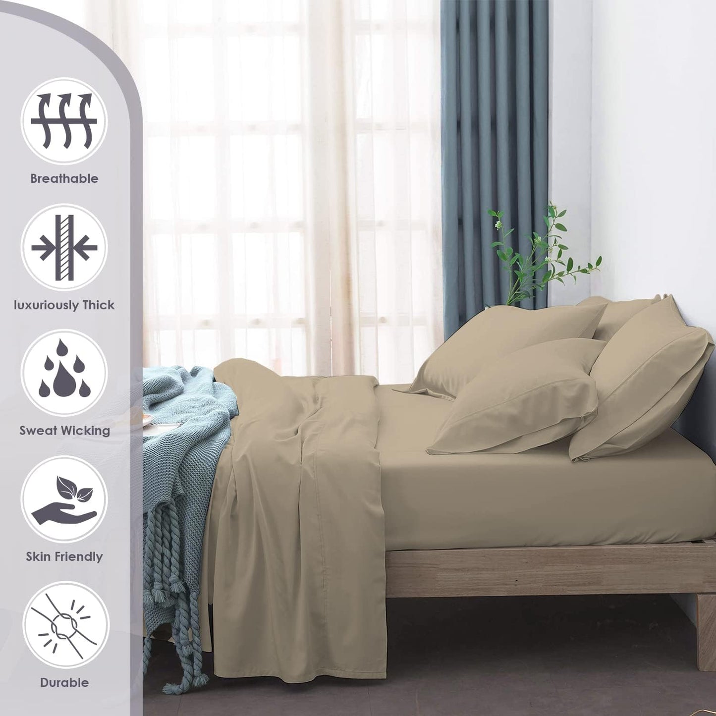 800 Thread Count Simply Taupe 6 Piece Queen Sheet Set with 2 Extra Pillow Cases, 100% Long Staple Cotton Smooth Sateen Bed Sheets with Deep Pockets, Value Pack 6 pc Cotton Sheets Queen Simply Taupe