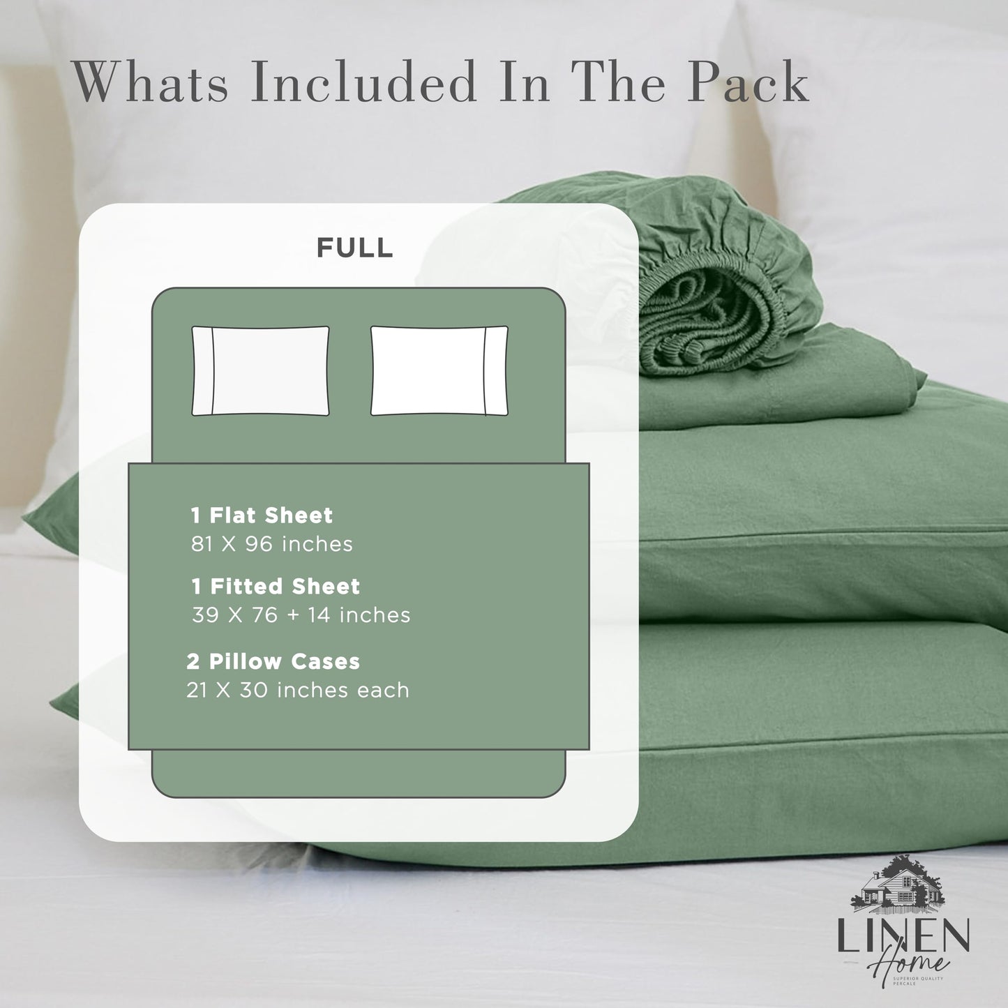 Linen Home Washed Cotton Percale Twin Sheet Set, Charcoal, Preshrunk, 3 Pieces Sets - 1 Flat, 1 Deep Pocket Fitted Sheet & 1 Envelope Closure Pillowcase, Soft, Cool and Comfortable Bed Linen