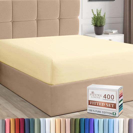 Pizuna Cotton Twin Fitted Sheet Cream, 400 Thread Count 100% Long Staple Combed Cotton Sateen Weave 15 inch Deep Pocket Twin Sheets (Cream Twin Size Fitted Sheet -1PC)