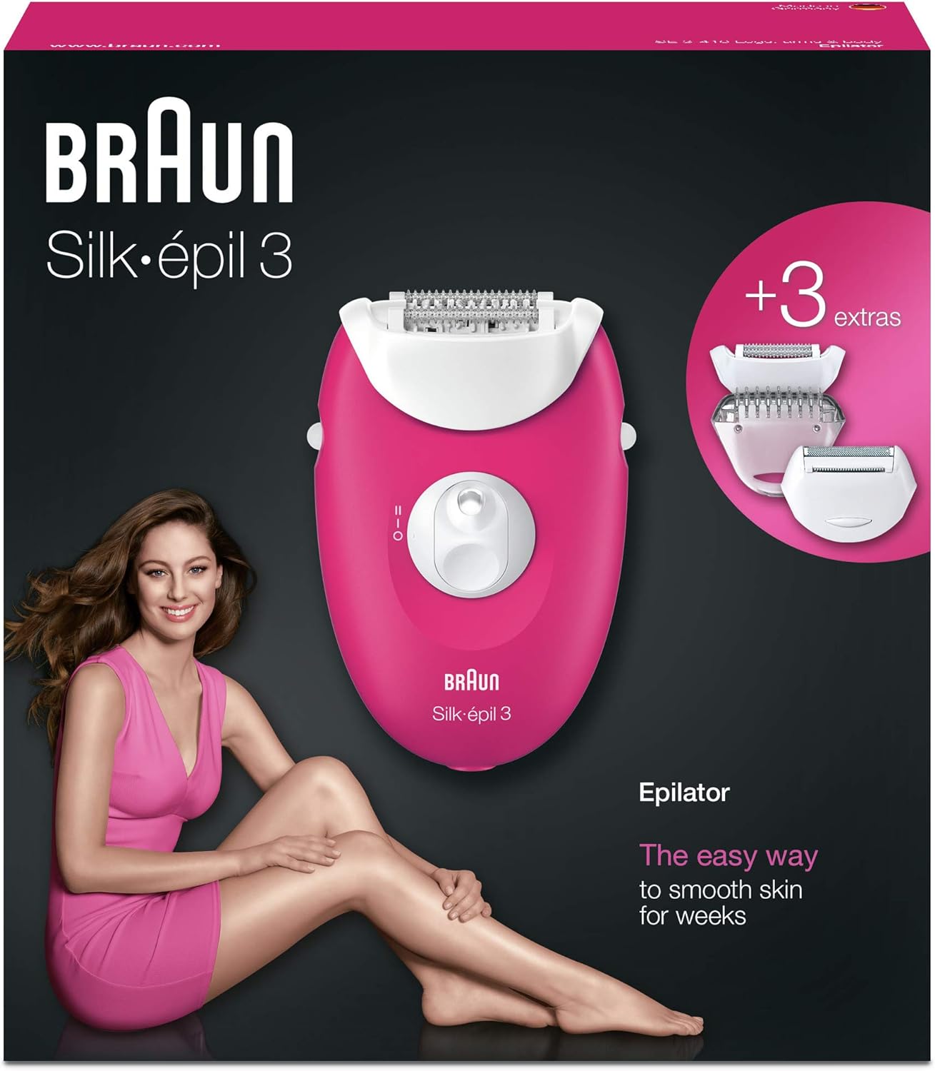 Braun Silk-epil 3 3-410 Epilator Raspberry Pink with 3 Extras - International Version