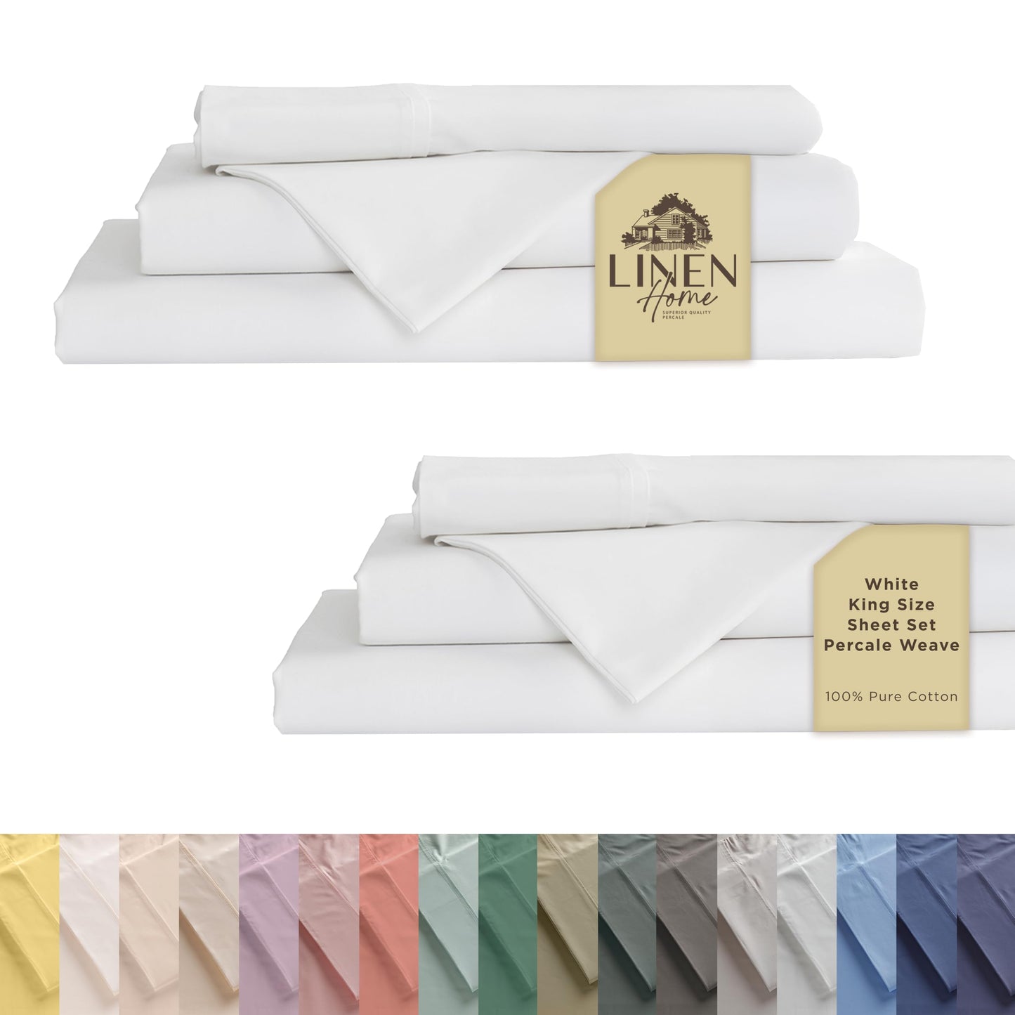 Linen Home 100% Cotton Percale Sheets Twin XL Size, White, Deep Pocket, 3 Pieces Set - 1 Flat, 1 Deep Pocket Fitted Sheet and 1 Pillowcase, Crisp Cool and Strong Bed Linen