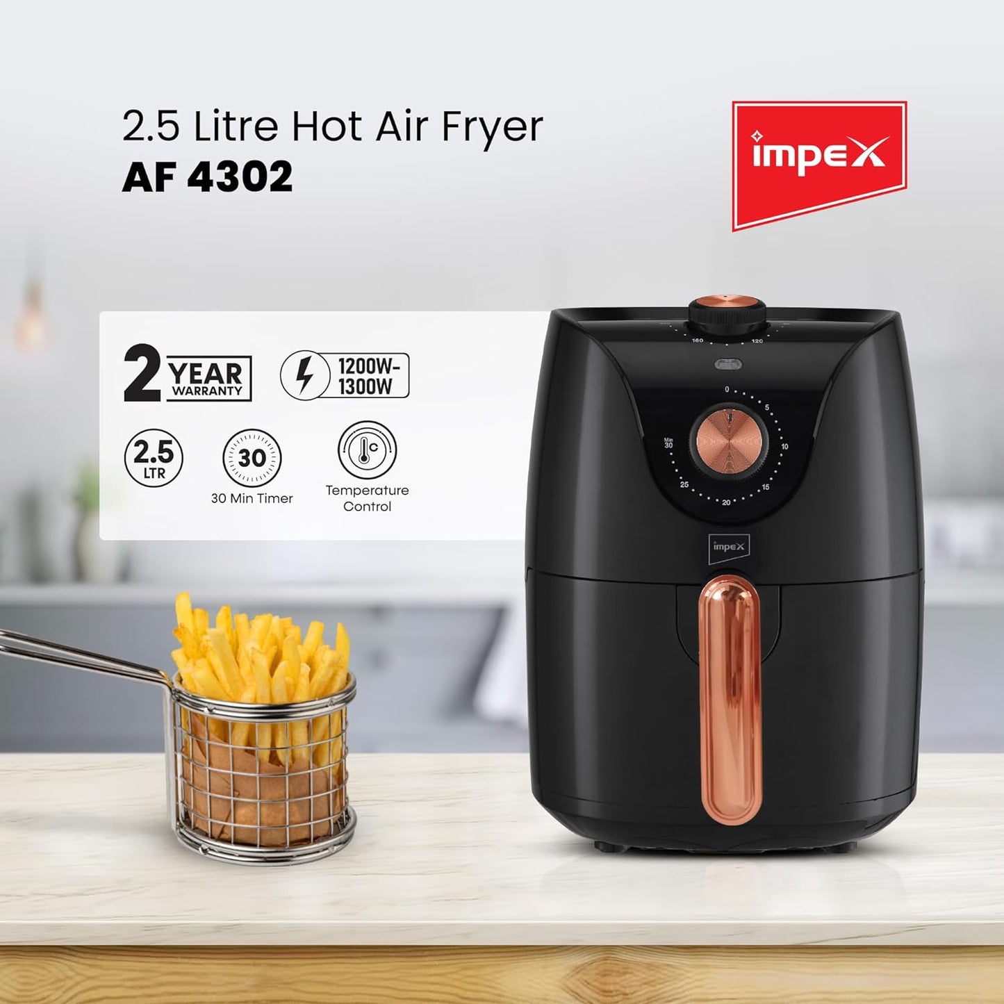 Impex 2.5 Ltr Air Fryer - Ideal for Meat, Fish, Vegetables, French Fries, Temperature Control 80°C-200°C, Timer 30 Mins with 2 Year Warranty-Black (AF 4302)