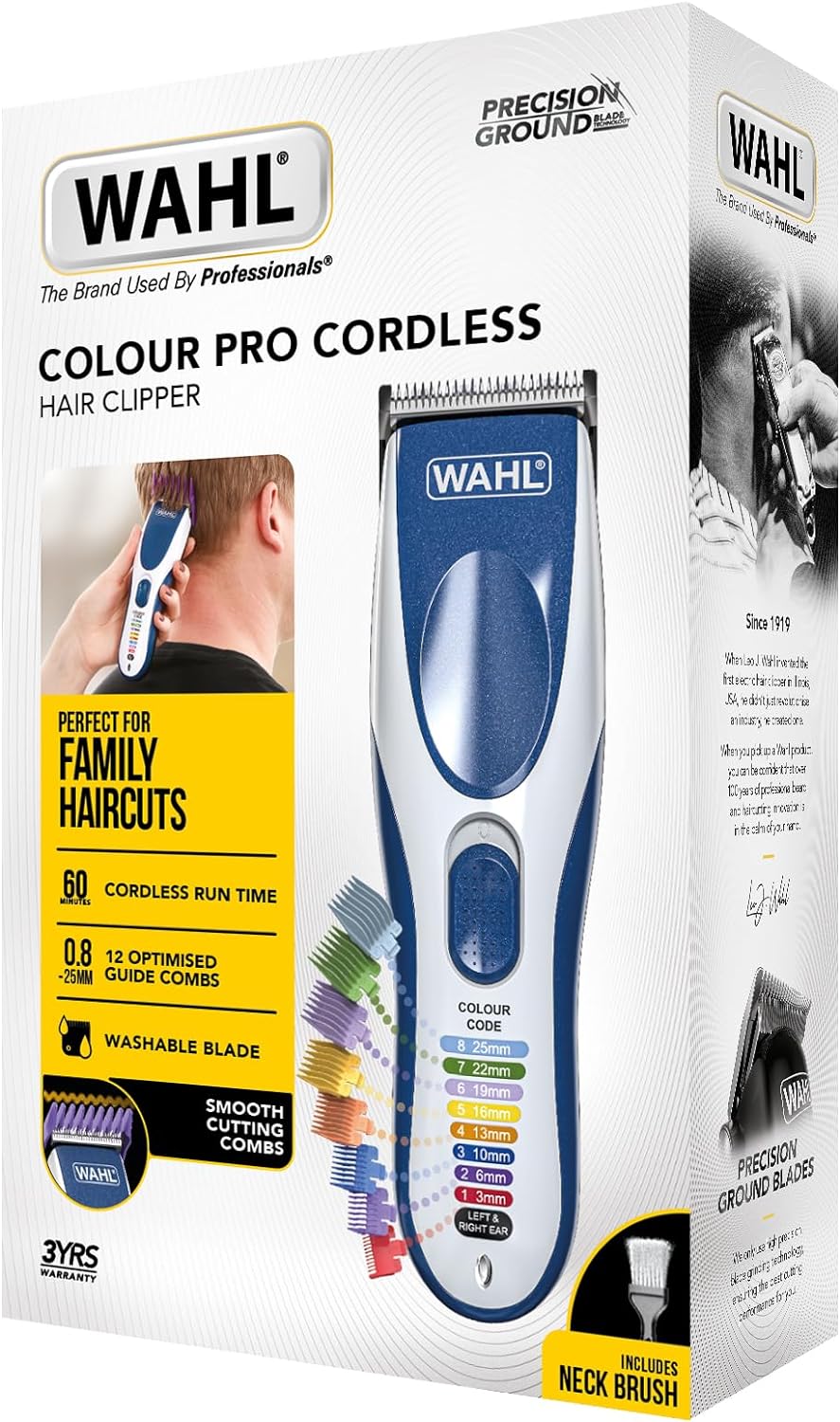 Wahl Colour Pro Cordless Clipper Kit, Soft Hairbrush Neck Duster, 12 Colour Coded Guide Combs, Hair Clippers for Men, Head Shaver, Men's Hair Clippers, Easy Home Haircutting, Family Haircuts
