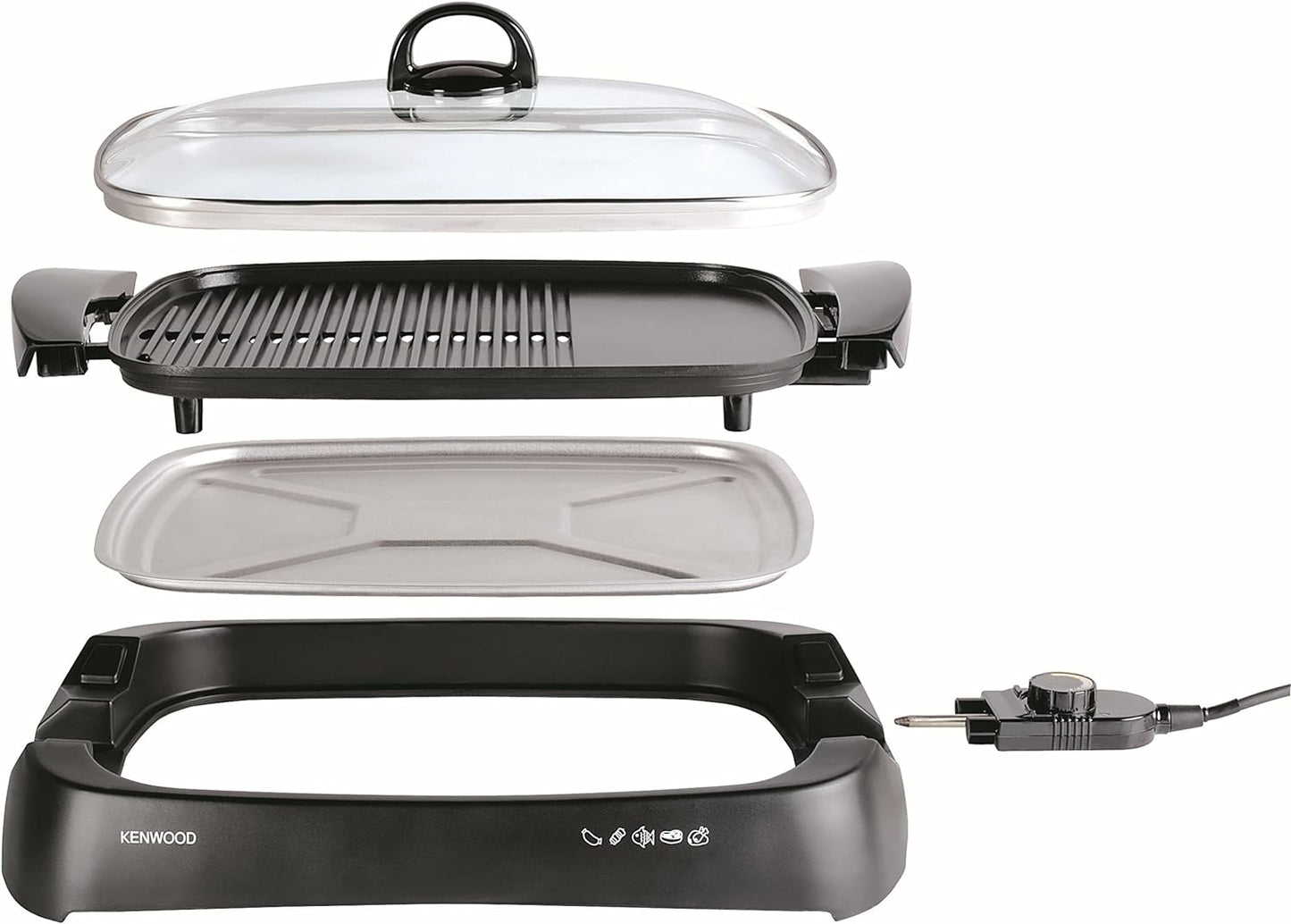 KENWOOD Grill 1700W Contact Health Large Family Sized Griddle with Glass Lid, Variable Temperature Control, Cool Touch Handles - Ideal for Steak, Chicken, Fish, Vegetables HG230 Black