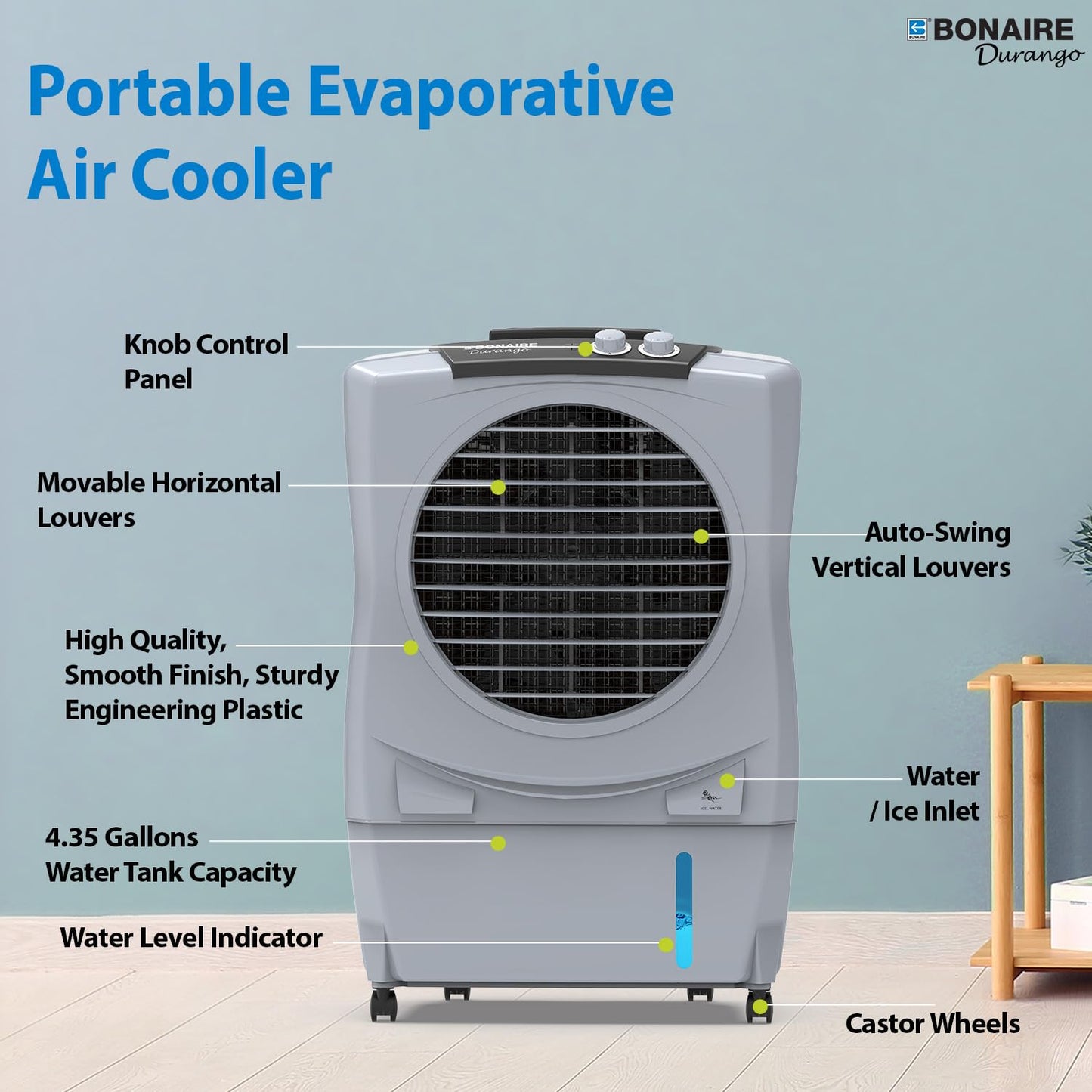 Bonaire Portable Air Conditioner 350 CFM Evaporative Air Cooler for Home Bedroom Office Indoor with Touch Control Panel and Remote, Closable Louvers, 3 Gallon, K350