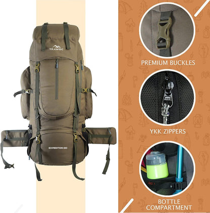 TRAWOC 80L Travel Backpack Camping Hiking Rucksack Trekking Bag with Water Proof Rain Cover/Shoe Compartment, BHK001