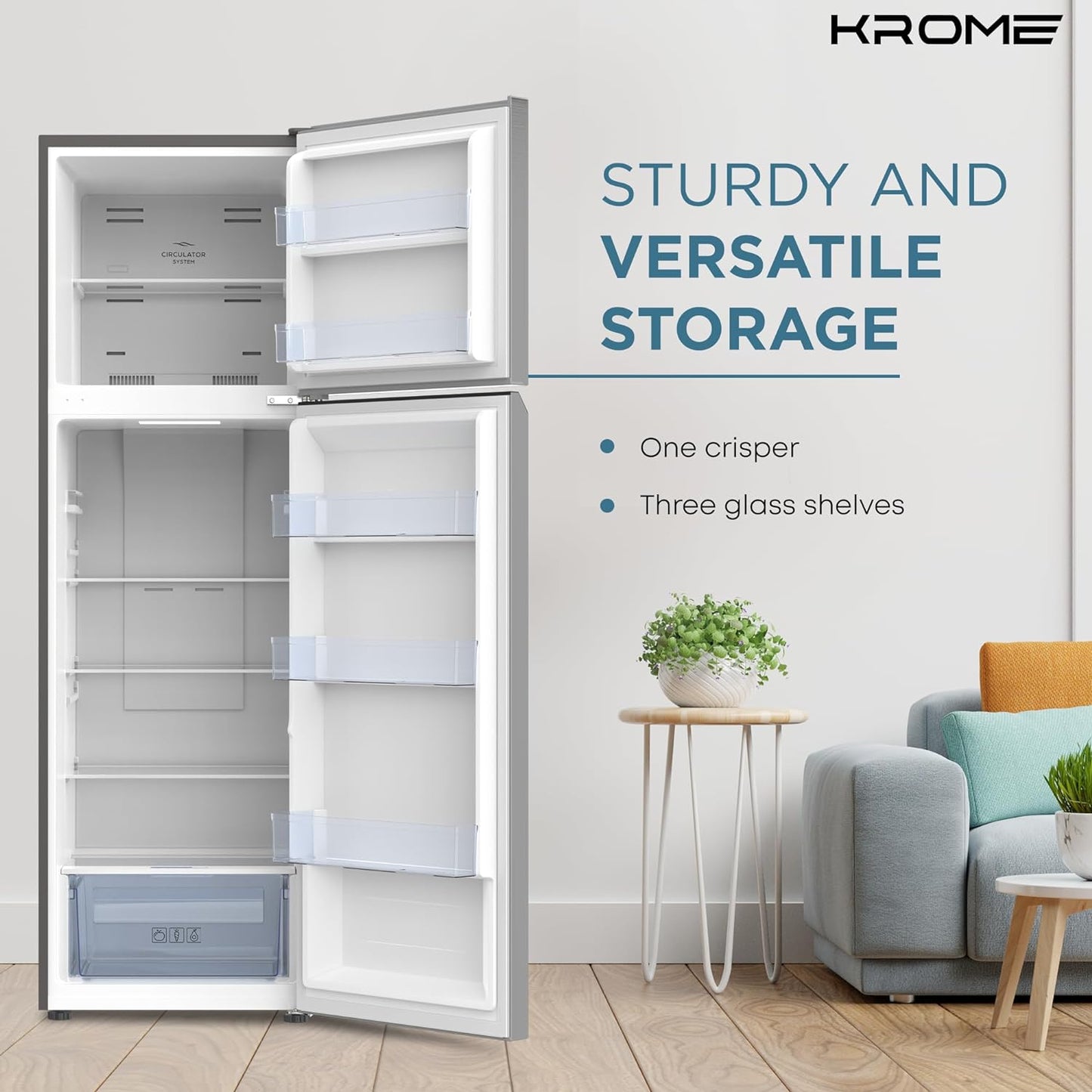 KROME 370L Gross, Top Mount Double Door Refrigerator, Automatic Defrost Freezer, A+ Energy Efficiency, Big Capacity Fridge, Quick Cooling, Silver, 10 Year Compressor Warranty, KR-REF370T