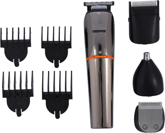 Geepas Geepas 9 In 1 Hair Trimmer 600Mah Battery Portable Cordless Hair Clippers, Grooming Kit With Stand, Digital Display Trimming Kit With 4 Interchangeable Heads For Styling Beard, Gray