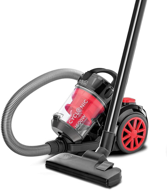 Black & Decker Multi-Cyclonic Bagless Corded Canister Vacuum Cleaner with 6 Stage Filtration, 1600 W Max Power, 20 kPa Suction Power, Red/Black, 2.5 L, VM1680-B5