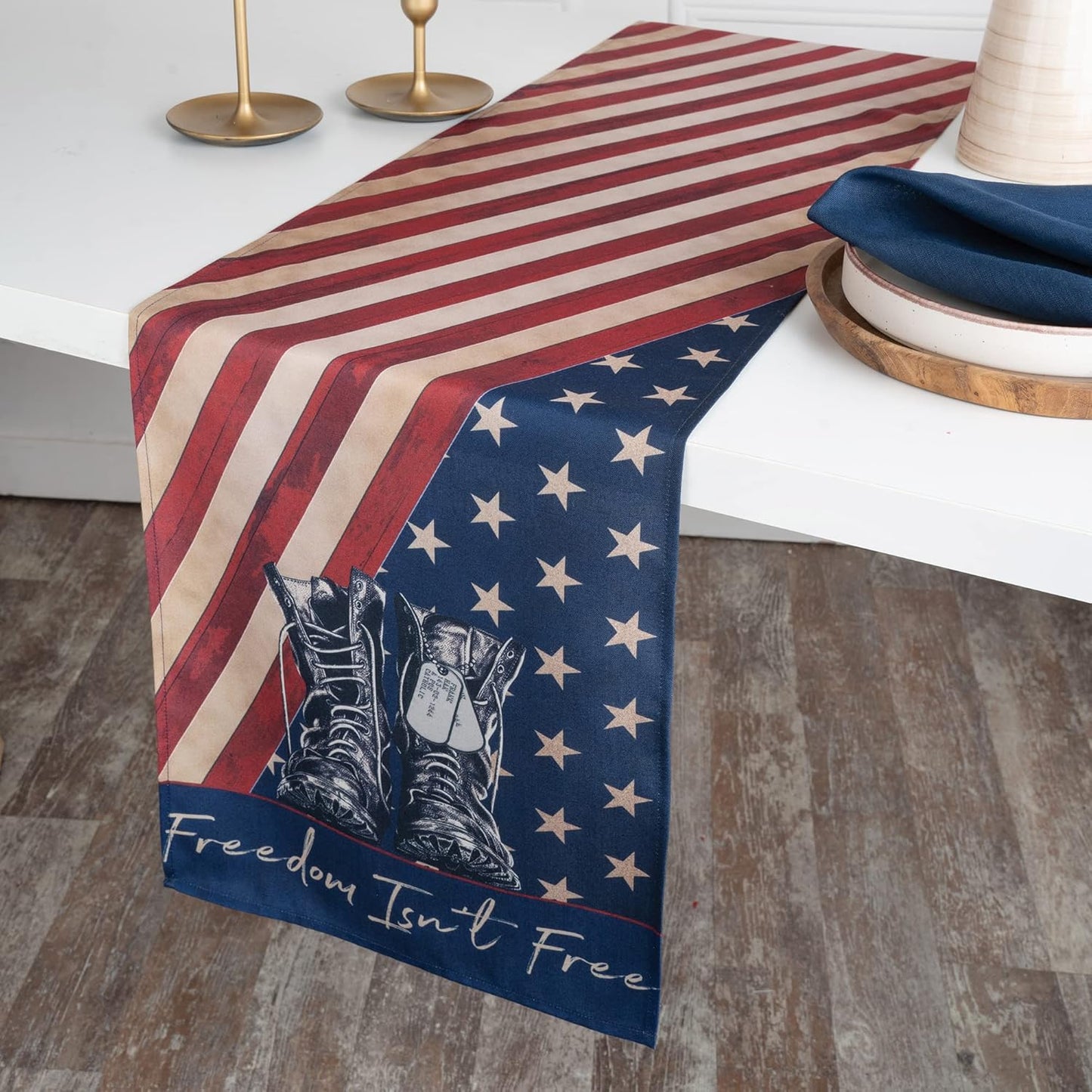 D'Moksha Homes 4th of July Table Runner 48 inches Long - Freedom Isn't Free, Faux Linen, Fourth of July Table Runner 13 x 48 Inch, Americana Flag Table Runner, Memorial Day Table Runner for Home Party