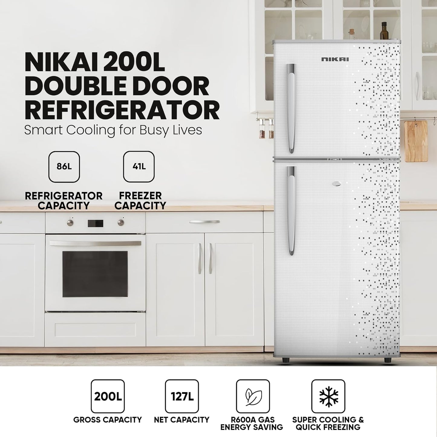 Nikai 170L Gross/112L Net, Double Door Refrigerator with Vegetable Crisper & Adjustable Glass Shelves, Defrosting & Temperature Control, Ideal for Kitchen, Bedroom, Office & Hotels - NRF170DN3M Silver